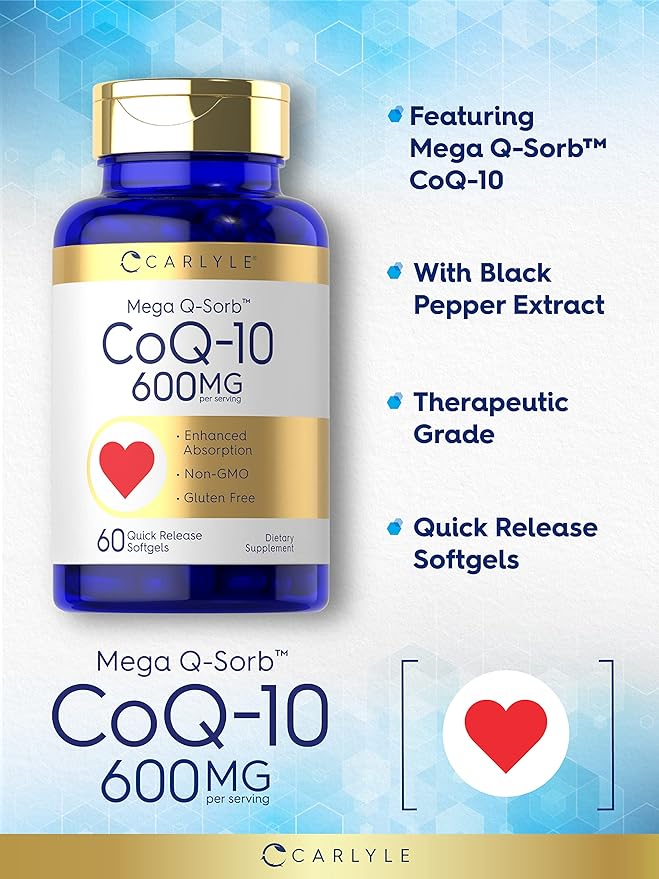 Carlyle CoQ10 600 mg Softgels | 60 Count | Mega Q-Sorb Coenzyme Q-10 | with Black Pepper Extract | Non-GMO & Gluten Free Supplement