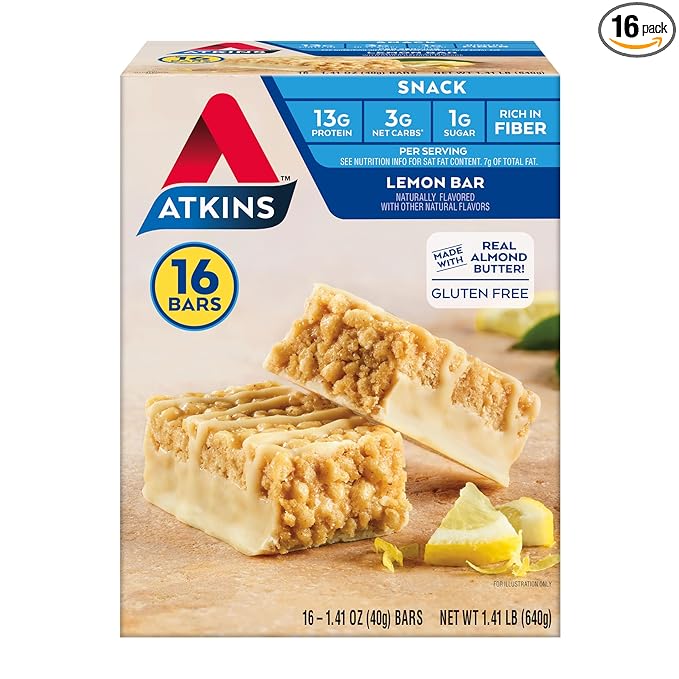 Atkins Lemon Flavored Snack Bar, High Protein Bar, Low Sugar and Low Carb, Keto Friendly Snack, Gluten Free, High in Fiber, Made with Real Almond Butter, 16 Count
