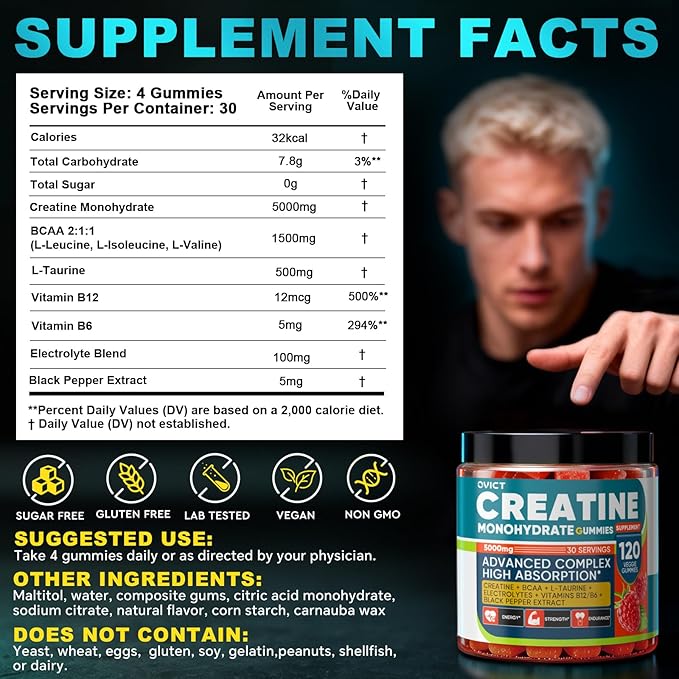 99.99% Creatine Monohydrate Gummies for Men Women 5g, 7-in-1 Pre-Workout Complex with BCAA, Taurine, B12/6 & Electrolytes, 6X Boost Energy, Muscle Strength & Recovery, Brain Focus, Vegan, Sugar Free