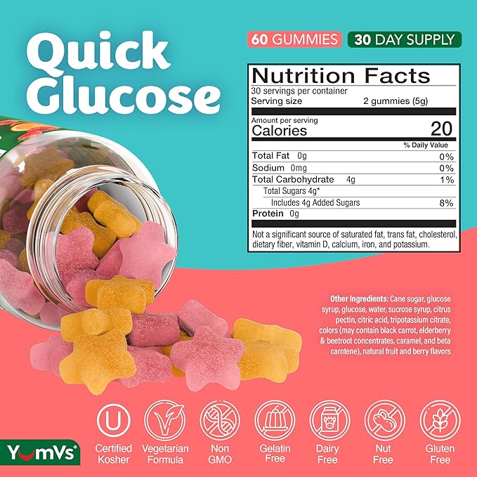 YUM-V'S Glucose Gummies – Fast Acting Glucose Chewable Gummies – Great Tasting – Gluten Free, Vegan, Non-GMO – Orange & Berry Natural Flavor – 60 Chewable Gummy for Adults & Kids (Pack of 2)