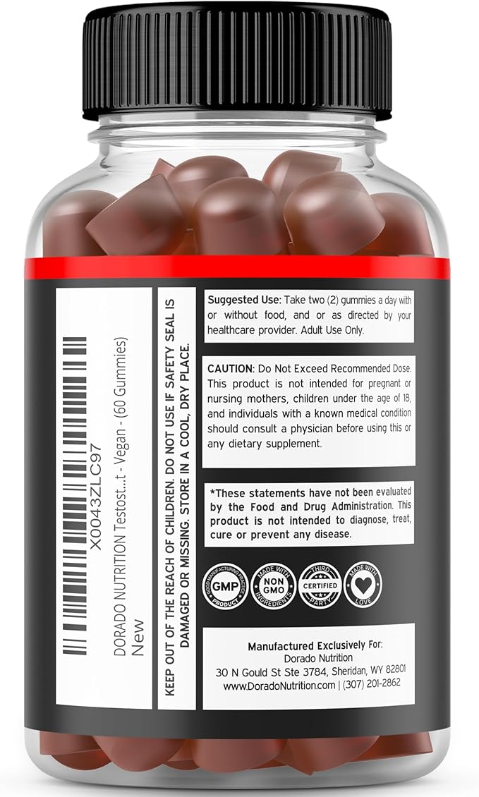Testosterone Gummies for Men (60 Count) Testosterone Supplement for Men - Premium Test Booster - Support Strength, Stamina, Drive & Performance - Third Party Tested, Non-GMO, Vegan Safe & Made in USA