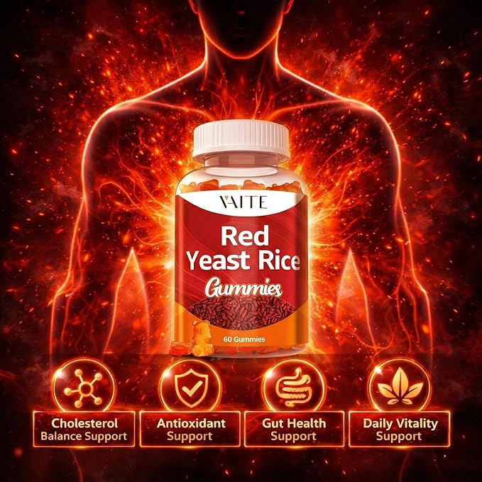 VAITE Red Yeast Rice with Coq10 Gummies - 1200 mg RYR Synergy Organic Supplement with Coenzyme Q10 Monacolin K, Non-GMO & Citrinin Free Herbal Vegetarian Gummy Chews 60 Count (2 Pack)