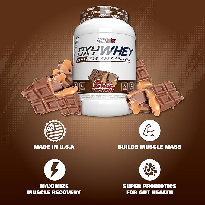 EHP Labs OxyWhey Whey Protein Isolate – 25g High Protein, Low Carb, Sugar Free Meal Replacement – Lean Whey Powder for Muscle Recovery – Non-GMO, Gluten Free – 25 Serves – Chocolate Caramel