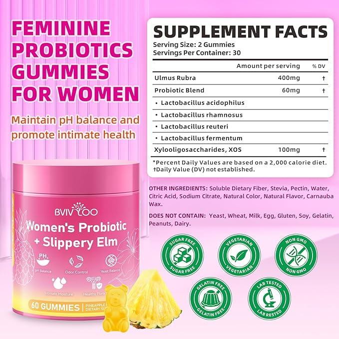 Women's Probiotic Slippery Elm Gummies - Her Juicy Probiotics for Feminine Health, Supports pH Balance & Immune System, Pineapple Flavor, 60 Count