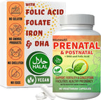 Prenatal Vitamins for Women | Postnatal | Vegan, Halal Gelatin Free | with Folate, Iron & Biotin | Supports Pregnancy, Postpartum Energy & Hair Health, 90 Capsules