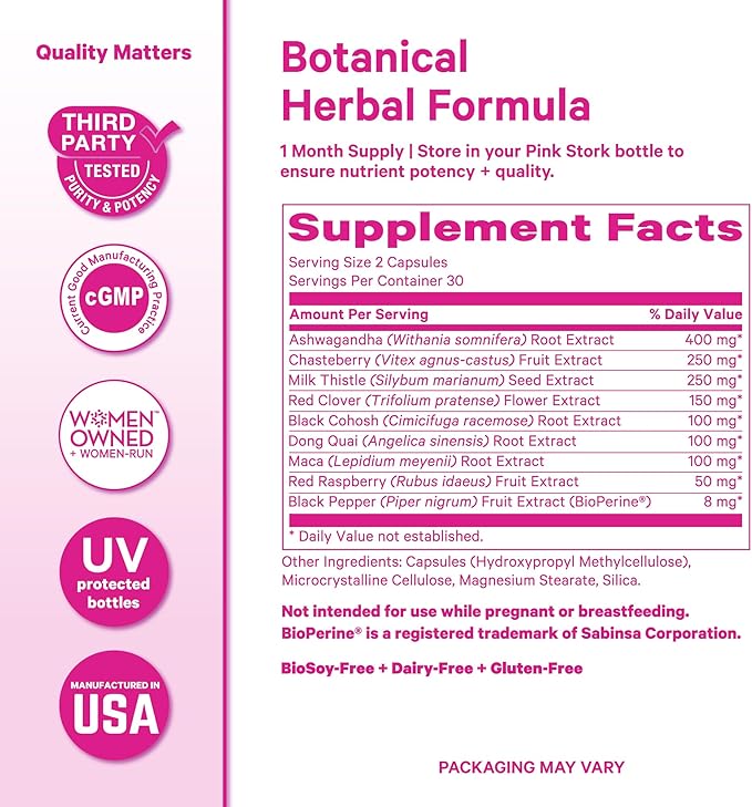 Pink Stork Ashwagandha, Maca Root & Black Cohosh Natural Perimenopause & Hormone Balance Supplement for Women – Mood, Stress, Adrenal, & Cortisol Support - 60 Capsules
