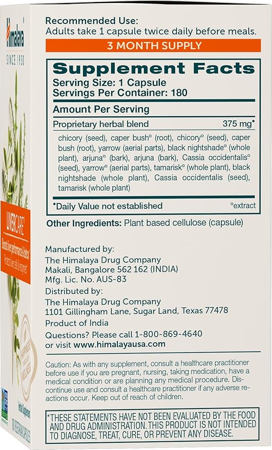 Himalaya LiverCare, 90 Day Supply - Herbal Liver Support Promoting Waste Elimination, Liver Cleanse, Detox, and Bile Production - Vegan, Non-GMO, Gluten Free, 375 mg, 180 Capsules