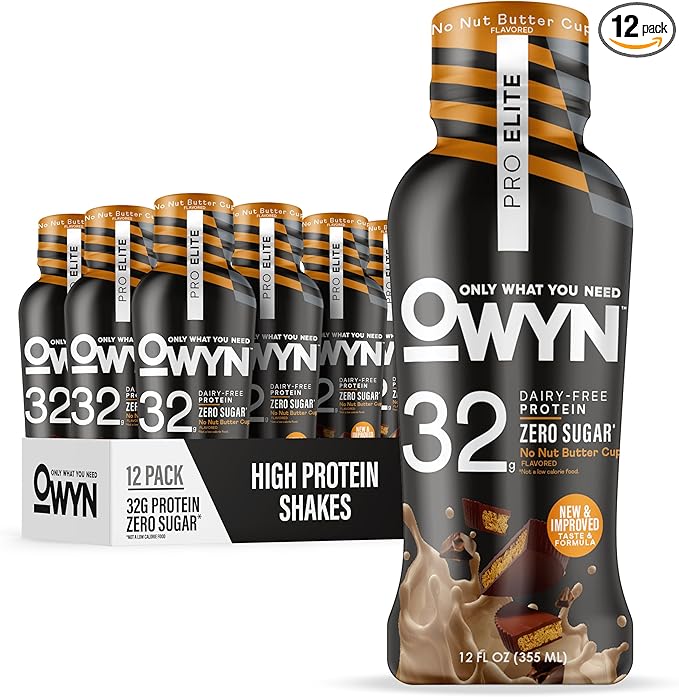 OWYN Only What You Need Pro Elite No Nut Buttercup Flavored Protein Shake, 32g Protein, 0g Sugar, High Protein, Dairy Free, Gluten Free, Plant Based Protein Drink, 12 Count