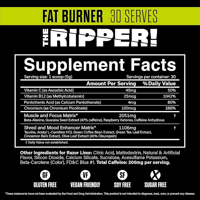 JNX SPORTS The Ripper! Fat Burner Pre Workout for Men & Women – Thermogenic Fat Burning Powder & Appetite Suppressant, Boost Energy & Endurance – Razor Lime, 30 Servings