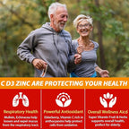 Sugar Free Vitamin C + D3 + Zinc Gummies for Adults 50 +, 9 in 1 Immune Defense Supplement with D3 5000IU, Elderberry, Echinacea, Mullein Leaf for Boost Immunity, Power Antioxidant, Vegan (Pack of 1)