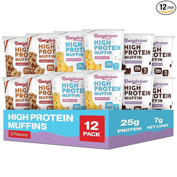 Bootylicious | 25g Protein Muffin | Best Sellers | Low Carb, 16g-18g Fiber, Low Glycimic Index, Low Sugar, 2.32-2.75oz Cup, 12-Pack
