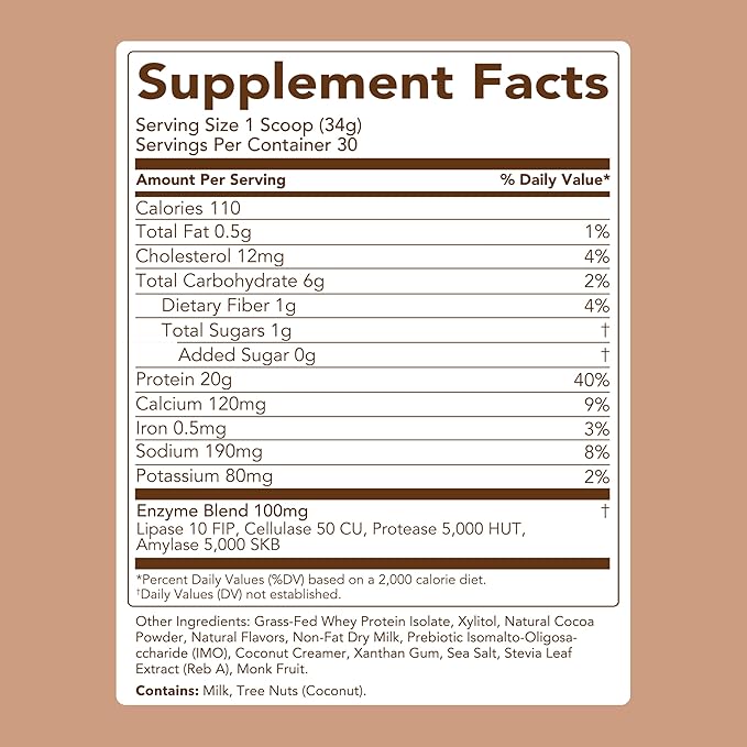 Clean Simple Eats Whey Protein Powder, Chocolate Brownie Batter Flavor Naturally Sweetened, 100% Grass Fed Protein Powder with Digestive Enzymes & No Artificial Ingredients, Gluten Free, 30 Servings