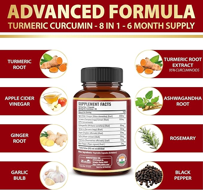 2packs 90 Capsules Turmeric Curcumin + Apple Cinder Vinegar Capsules, 6 Month Supply with Ashwagandha, Ginger, 95% Standardized Curcuminoids, Joint & Absorption Support