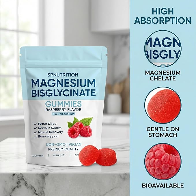Magnesium Bisglycinate Gummies, 400mg Magnesium Bisglycinate Chelate with Sea Salt & Raspberry Powder, Vegan, 60 Gummies (3)