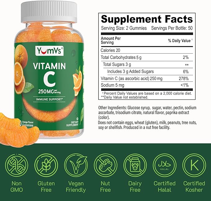 YUM-V'S Vitamin C Gummies for Adults - 250 mg Yummy Vitamin C Gummy - VIT C Gummies - Immune Support Supplement -Orange Flavored Kosher, Halal, Gluten Free (100 Count)