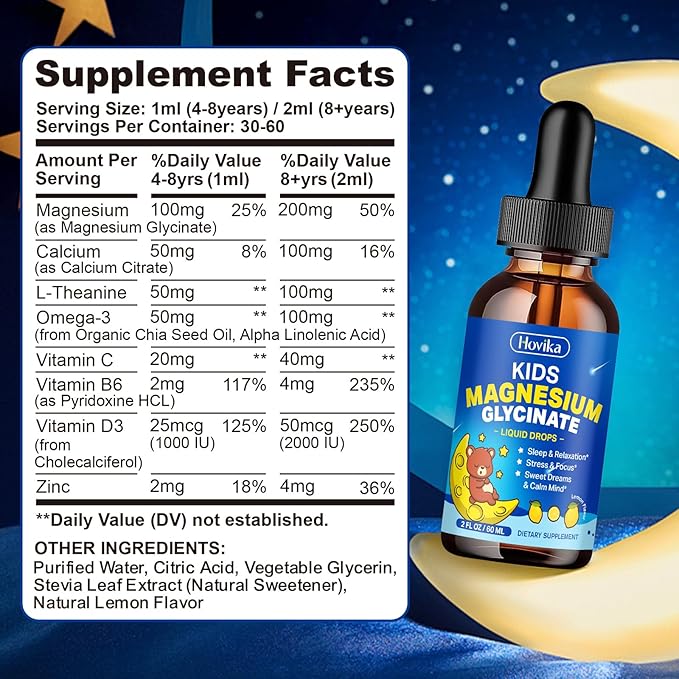 2 Pack Magnesium Glycinate Liquid for Kids - with L-Theanine Omega-3, Vitamin B6, D3, Zinc - Kids Magnesium Drops for Sleep, Relaxation, Calm & Focus - 2 Fl Oz, Lemon Flavor