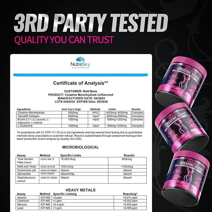Creatine for Women – Booty Builder Supplement with Collagen & BCAA – Supports Muscle Development, Post-Workout Recovery, Skin Elasticity, Healthy Hair & Nail | Unflavored – 30 Servings
