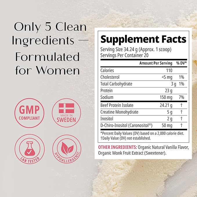Wellena Her Protein – 3-in-1 Whey-Free Beef Isolate Formula with Creatine & Inositol – Grass-Fed Protein Powder – Dairy & Pea Free – Women’s Daily Nutrition