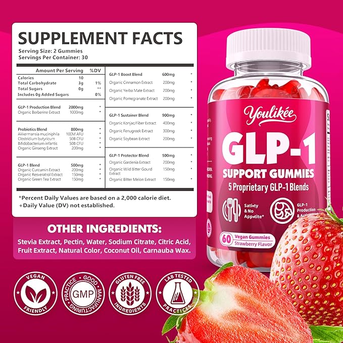 GLP-1 Supplement for Women & Men, GLP-1 Probiotic Gummies - Activates GLP-1 & AMPK, with Akkermansia Probiotic & Natural Berberine for Energy - Strawberry Flavor, Sugar-Free, 60 Count