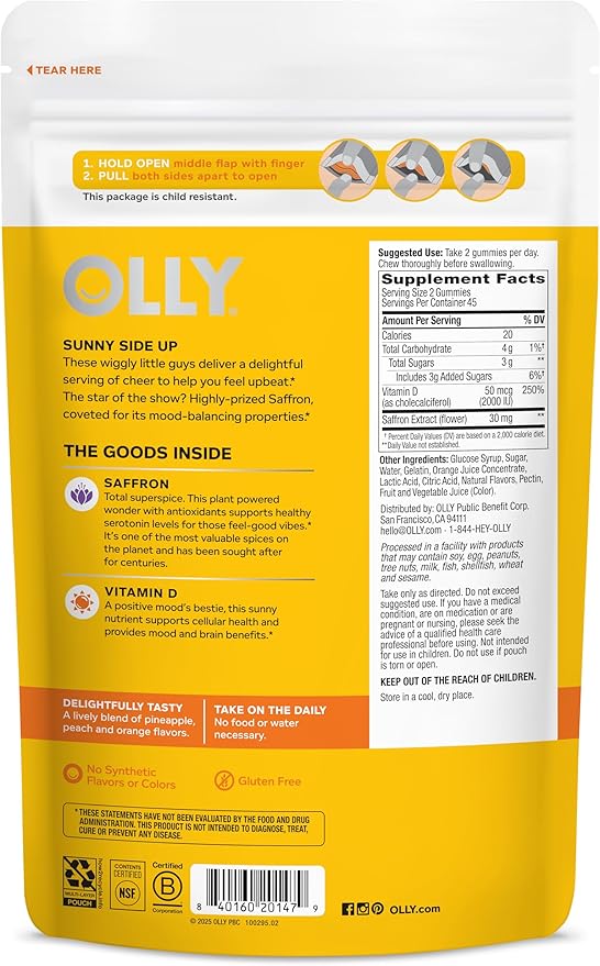 OLLY Hello Happy Gummy Worms,Mood Balance Support,Vitamin D,Saffron,Adult Chewable Supplement,Gluten Free,Tropical Zing -,90 Count (Pack of 2)