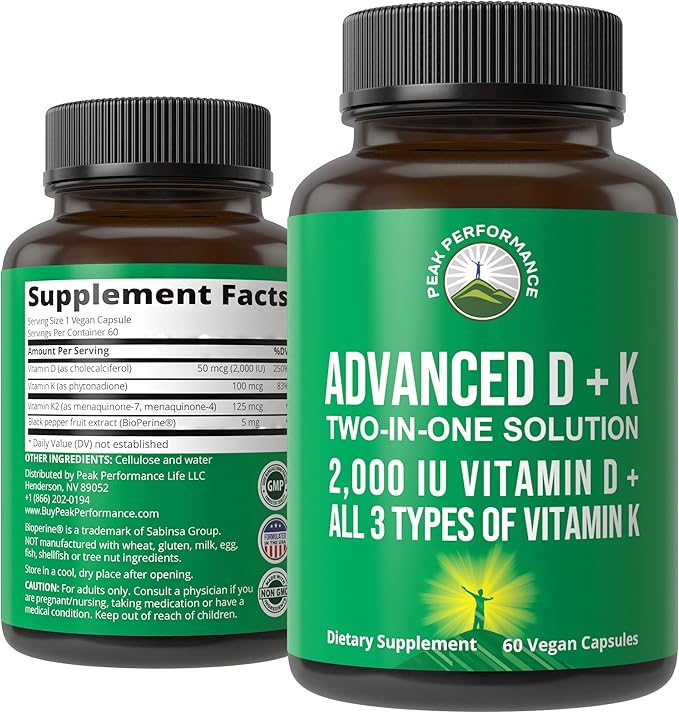 Peak Performance Advanced Vitamin D 2000 IU with All 3 Types of Vitamin K Vitamin D3 and Vitamin K2, K1, MK-7 (MK7), MK4 Supplements - 60 Small and Easy to Swallow Vegetable Pills