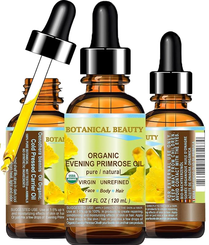 Botanical Beauty Organic EVENING PRIMROSE OIL 100% Pure Natural Undiluted Unrefined Virgin Cold Pressed Carrier Oil for face, skin, hair, nails (4 Fl Oz 120 ml)