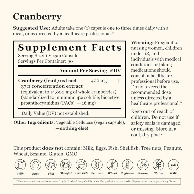 Cranberry Extract Supplement – for Women and Men – Standardized Soluble PACs – Pure, Vegan, Non-GMO, Kosher – 90 Vegan Capsules