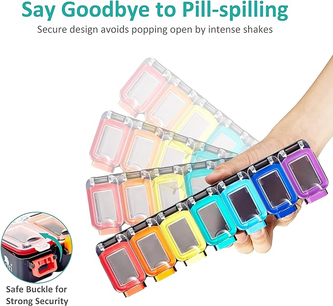 Fullicon Weekly Pill Organizer 7 Day Ultra Moisture and Spill Proof Daily Pill Box, Large Medicine Case with Secure Buckle, Compact Travel Pill Container for Pill, Vitamin, & Fish Oil (Rainbow Black)