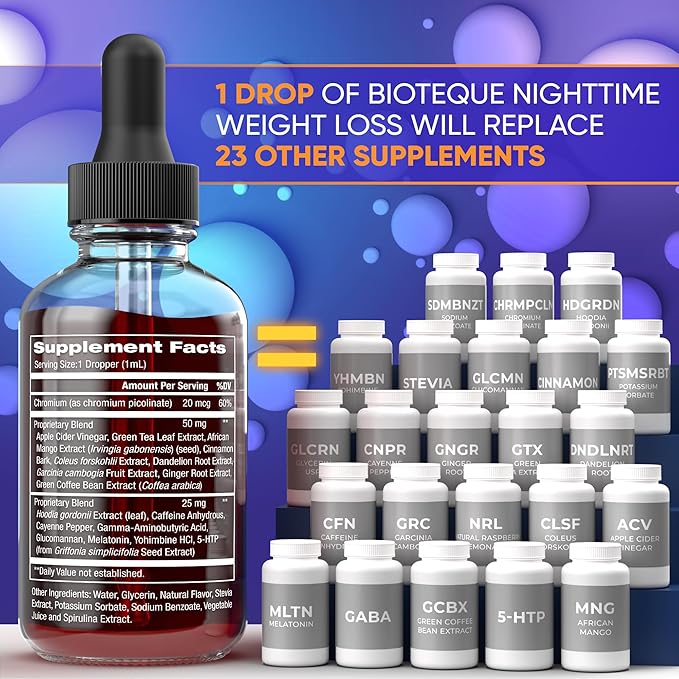 Night Time Weight Loss Diet Drops - Appetite Control, Fat Burner, Metabolism Booster - Apple Cider Vinegar - Cinnamon - Cayenne Pepper