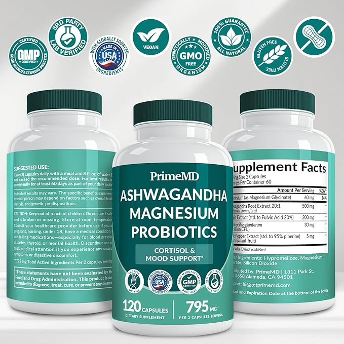 PrimeMD 5-in-1 Cortisol Supplement with Ashwagandha - Herbal Supplements with Shilajit Extract, Magnesium Glycinate, Probiotics (120 ct, Pack of 3)