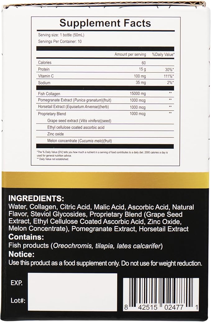 Diamond Marine Collagen Drink, Gift for Mom, 15000mg Hydrolyzed Collagen Peptides with Vitamin C, Pomegranate, Healthy Hair Skin Nails Joints Bones Support, 50 ml x 10 Bottles