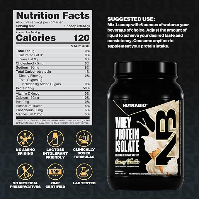 NutraBio 100% Whey Protein Isolate Protein Powder, 25g Protein with Complete Amino Acid Profile, Non-GMO, Soy & Gluten Free, Low Carb, Low Calorie Whey Protein Powder, Creamy Vanilla, 2 Lbs