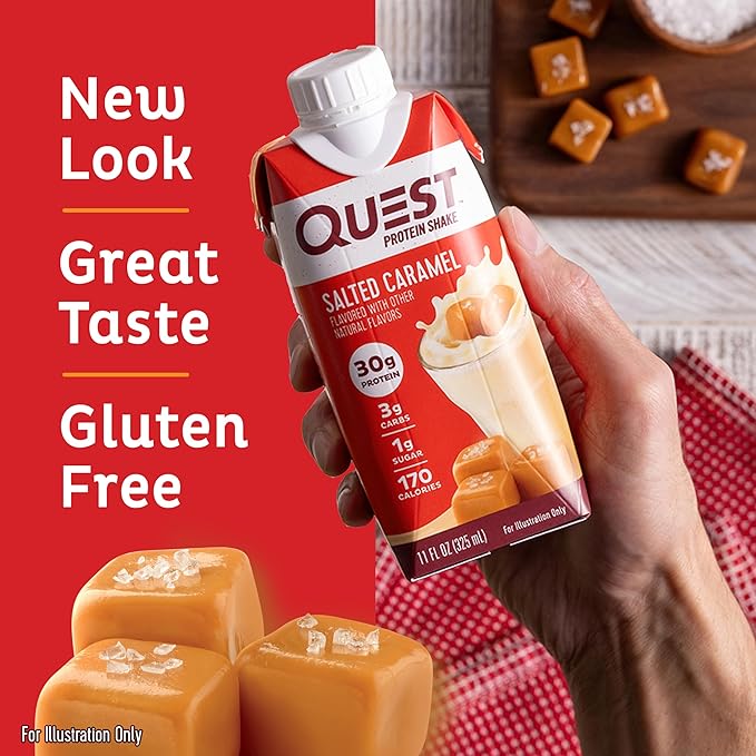 Quest Nutrition Ready to Drink Salted Caramel Protein Shake, 30g Protein, 3g Net Carbs, Gluten Free, Keto Friendly, 11 fl.oz 4 Count(Pack of 6)