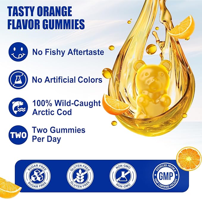 Cod Liver Oil 1000mg Gummies for Adults & Kids, with Vitamin A & D3 - Omega 3 Fish Oil Supplement - DHA 360mg & EPA 240mg for Brain, Bone, Eye & Immune Health, Sugar Free, 120 Count
