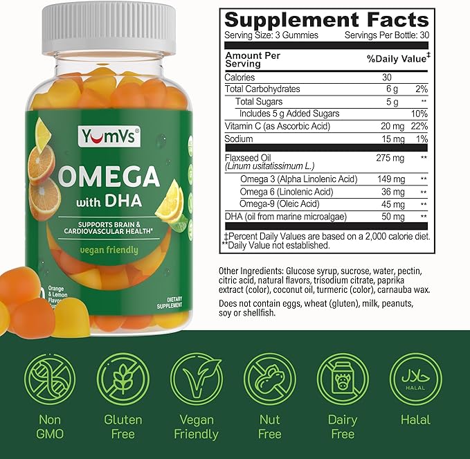 Vegan Omega 3 Supplement Gummies – Algae Oil Plant Based Vegan DHA – Fish Oil Alternative with Flaxseed & Algae – Non-GMO, No Carrageenan – Heart, Brain & Eye Support – Lemon & Orange – 90 Gummies