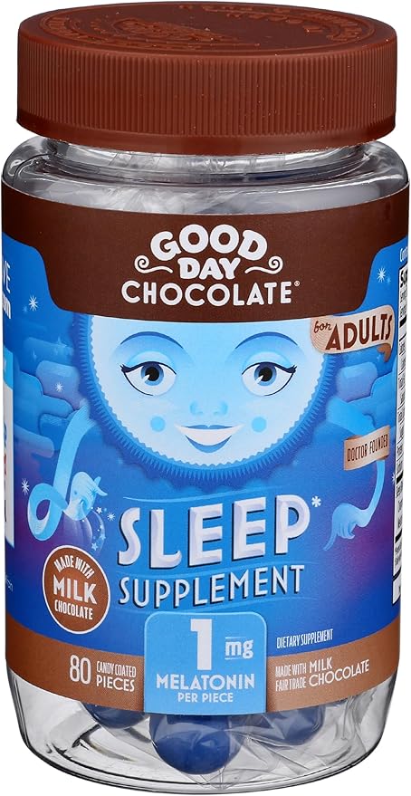 Good Day Chocolate Melatonin for Adults [ 80 Count ] - Fair Trade Non-GMO Chocolate with Chamomile and Melatonin 1 mg - Adult Melatonin, Adult Natural Sleep Aid Supplement