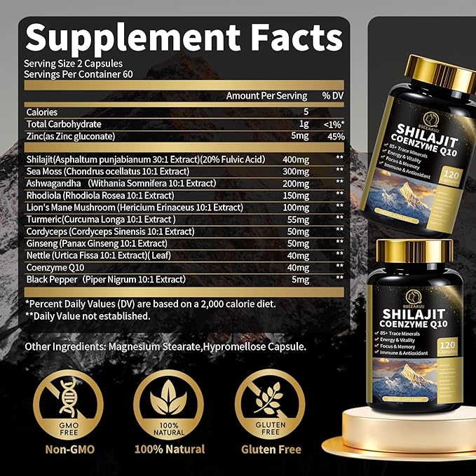 Shilajit for Men with Sea Moss & Ashwagandha,12 in 1 Hima*Layan Shilajit Supplements Capsules with Coenzyme Q10, Fulvic Acid & Humic Acid, Lion's Mane, Support Energy & Immunity, 120 Counts