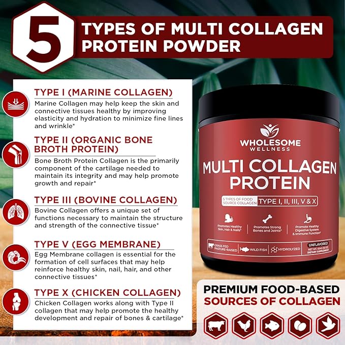 Wholesome Wellness Premium Multi Collagen Peptides Protein Powder for Women and Men, 5 Types of Hydrolyzed Collagen, Grass-Fed, Non-GMO & Unflavored, Pure Protein for Youthful Skin & Joint Recovery
