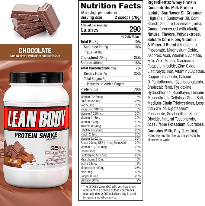 Lean Body All-in-One Chocolate Meal Replacement Shake. 35g Protein, Whey Blend, 7g Healthy Fats & Fibre, 22 Vitamins and Minerals, No Artificial Colours, Gluten Free LABRADA