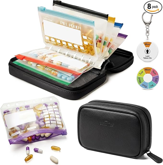 Weekly Pill Organizer,Vegan Leather Travel Medicine Bag - Pill Container with 7 Color-Coded Resuable Waterproof Pills Pouches, Dual-Sided Labeling Design & Reminder Spinner for Vitamins, Supplements