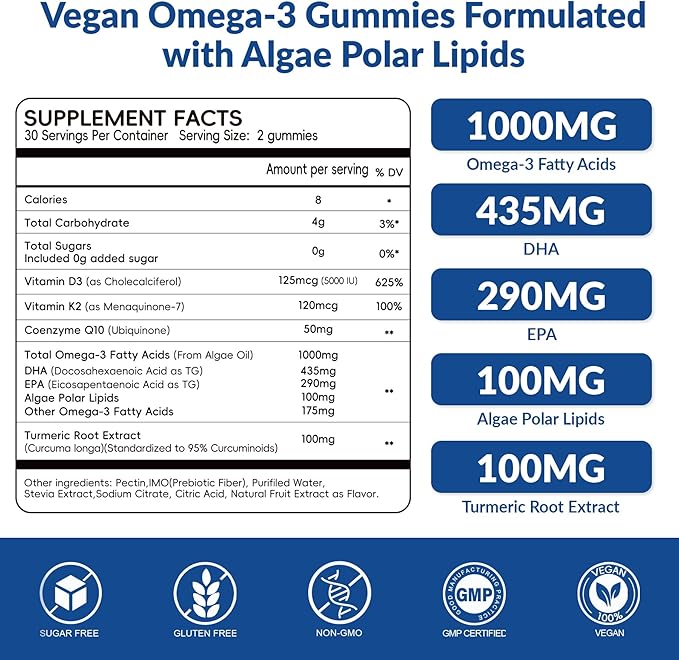 Vegan Omega 3 Gummies 1000mg - Algae Omega 3 Supplement for Women & Men with CoQ10, Vitamin D3, K2 & Turmeric - Fish Oil Alternative for Adults with DHA EPA for Brain, Eye- Sugar Free, 120 Count