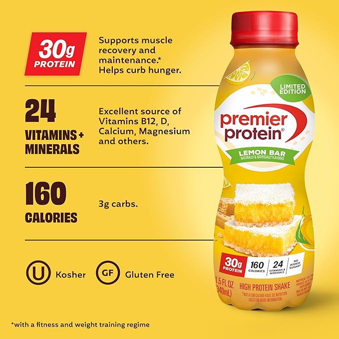 Premier Protein Shake,Limited Edition,Lemon Bar,30g Protein,1g Sugar,24 Vitamins & Minerals,11.5 oz,(Pack of 24)