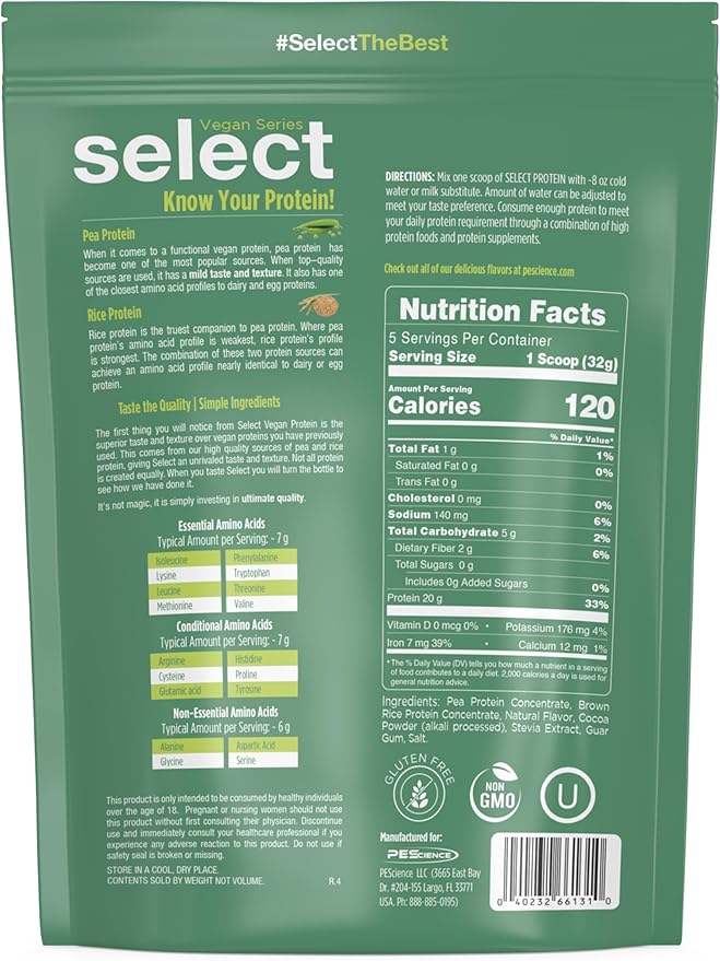 PEScience Select Vegan Protein Powder, Plant Based Protein Powder, Amazing Taste, Smooth Texture, Pea and Brown Rice Blend, Dairy Free, Lactose Free, Gluten Free - Chocolate Bliss, 5 Servings