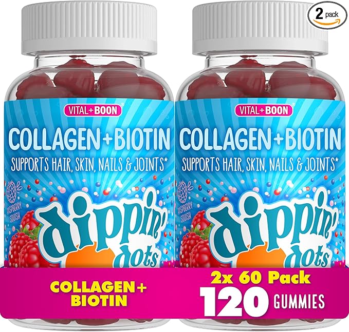 Vital+Boon Dippin Dots - Collagen + Biotin (60 Count) Gummies Rasberry Squish Flavor - 2 Pack