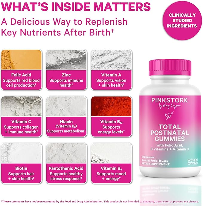 Pink Stork Total Postnatal Vitamin Gummies - Multivitamin for Postpartum Recovery and Lactation Support - Folic Acid, B6, & Vitamin C - Postpartum Essentials - 60 Gummy Vitamins
