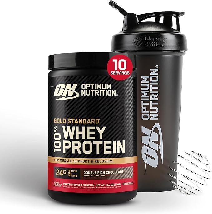 Bundle of Optimum Nutrition Gold Standard 100% Whey Protein Powder, Double Rich Chocolate, 10 Servings, 0.68 Pounds (Pack of 1) + Optimum Nutrition Shaker Cup, 28oz, Pack of 1
