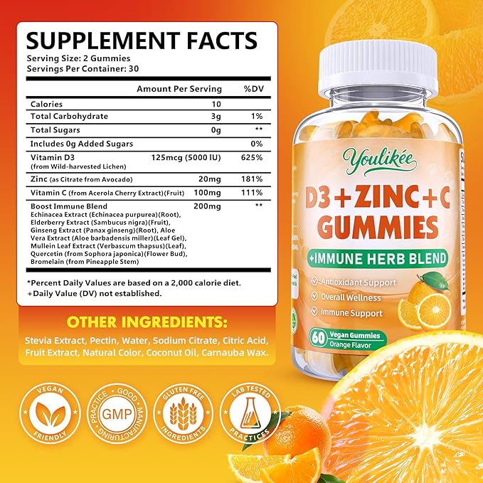 2 Pack Vitamin C + D3 + Zinc Gummies for Adults, Immune Support Supplement with Elderberry, Echinacea & Mullein Leaf - Antioxidant Support, Sugar Free, Orange Flavor, 120 Count