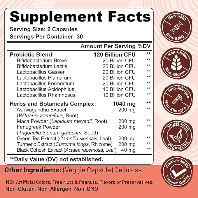 Menopause supplements for women, 120 Billion CFU Probiotic, 13-in-1 Herbs & Botanicals Complex, for Hormone Menopause, Hot Flashes, Night Sweats, Mood Swings, Sleep Disturbances, Vegan, 60 Capsules