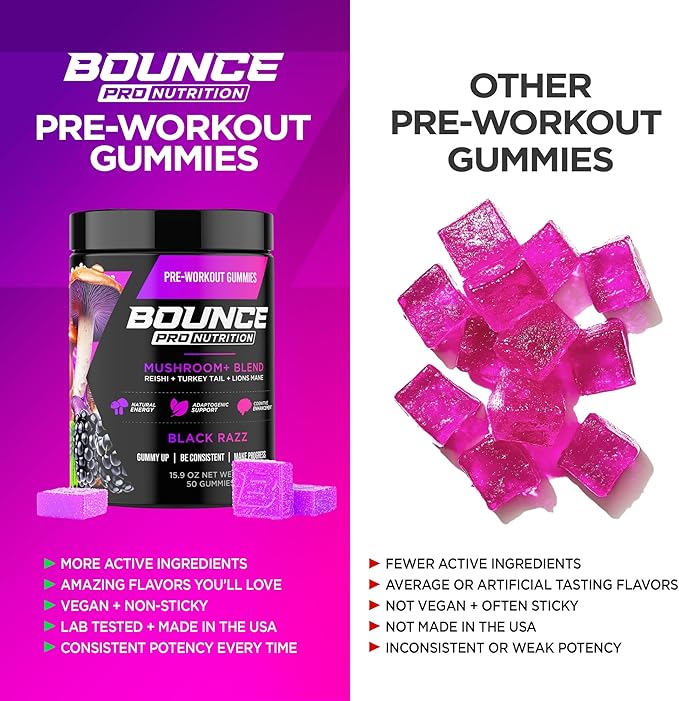 Bounce Pro Pre Workout Gummies – 30 Vegan Chewable Gummies with Caffeine, Lion’s Mane & L-Theanine for Energy, Focus & Endurance – Mushroom Preworkout for Men & Women – Black Razz Flavor