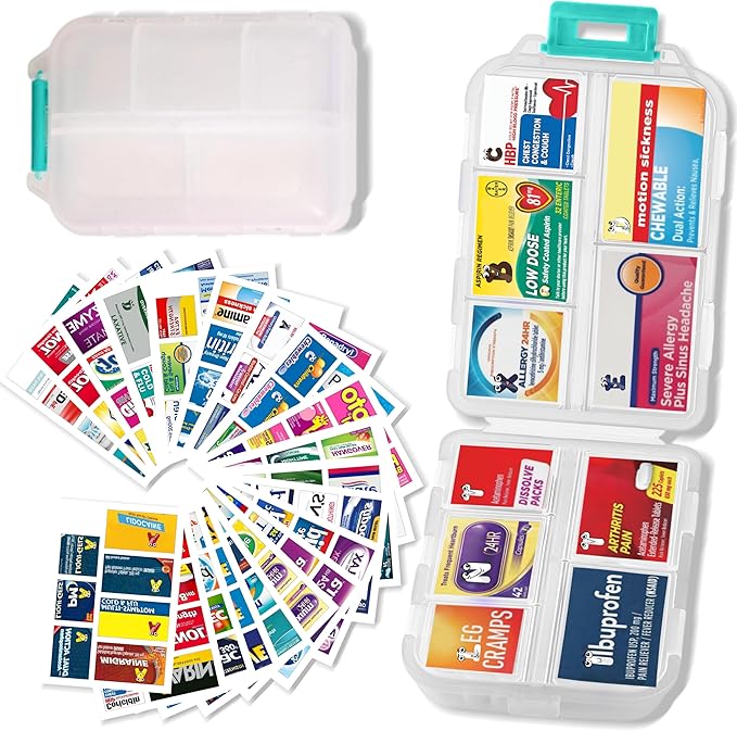 iouwei Pill Organizer With Medicine Labels - 7 Day Travel Daily Container, Mini Medication Storage Case, White With 161 Labels